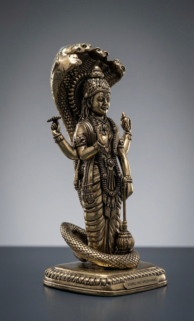 Handcrafted Ashtadhatu Lord Vishnu Idol on Sheshnag – Antique Finish Vishnu Murti for Home Temple & Décor(Height-6.5inch)