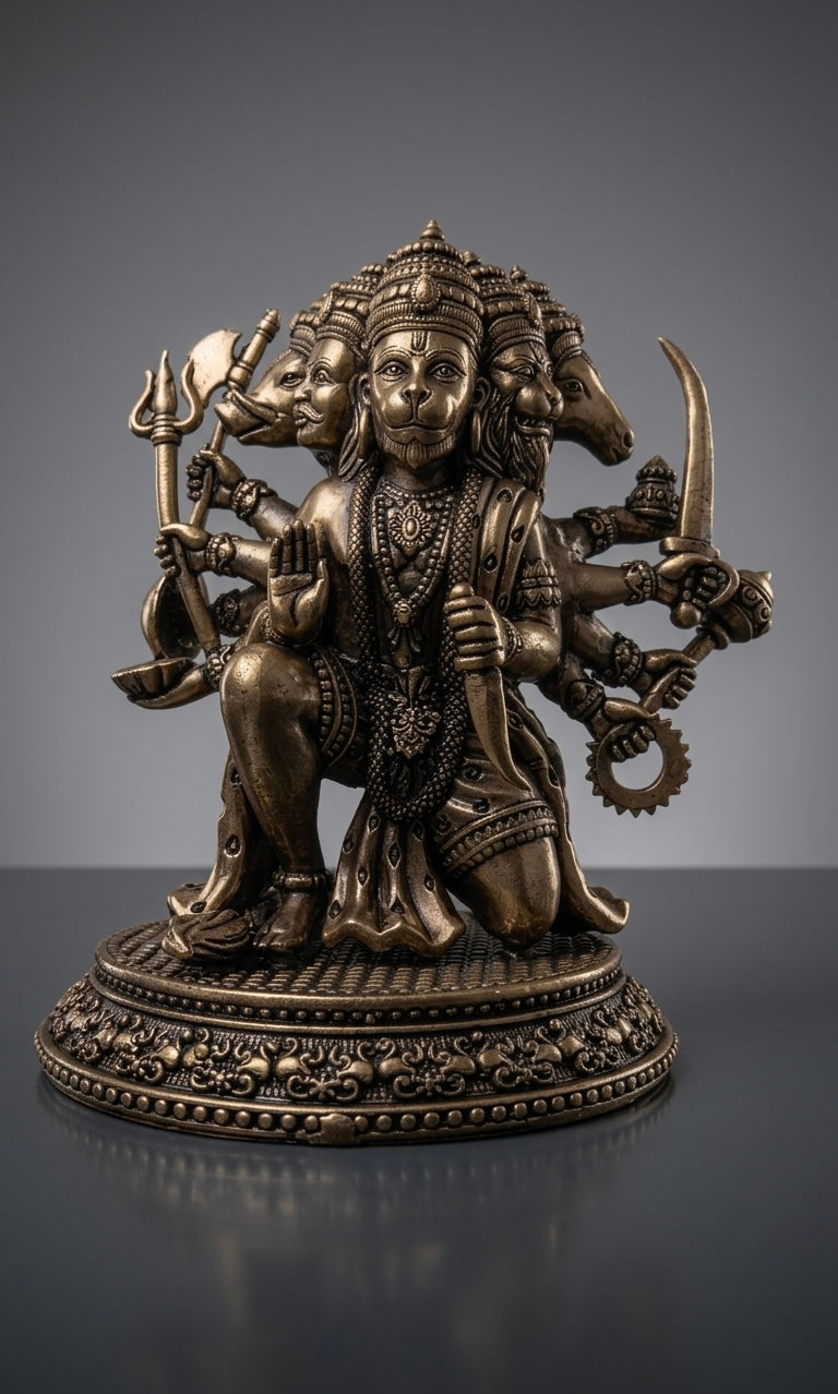 Handcrafted Ashtadhatu Panchmukhi Hanuman Idol – Five-Faced Hanuman Murti for Protection, Home Temple & Décor(Height-7inch)