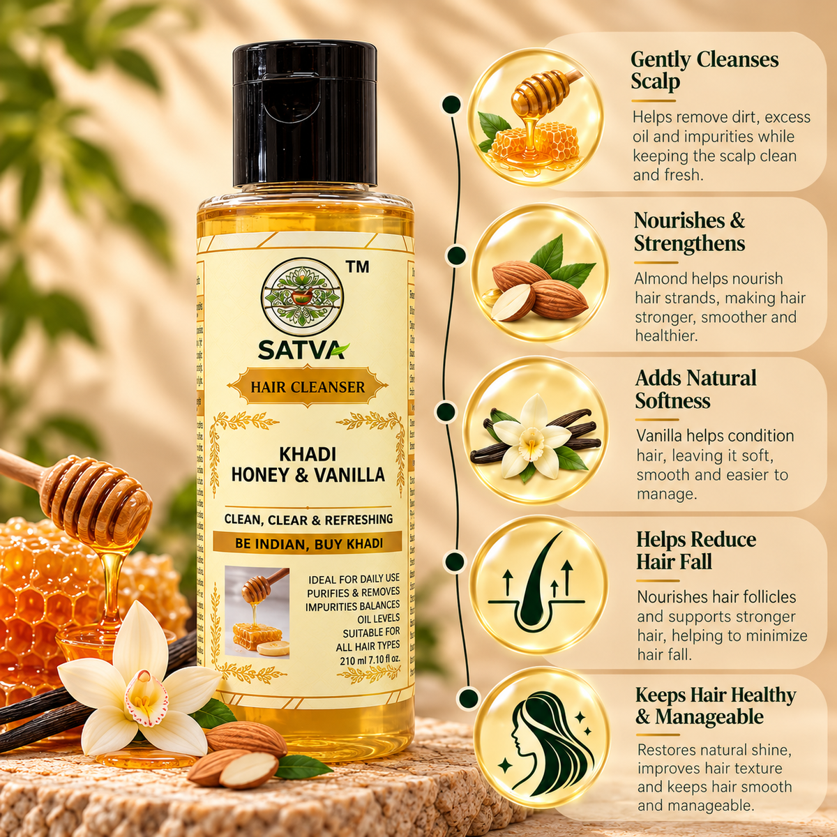SATVA Khadi Honey & Vanilla Hair Cleanser Key Benefits