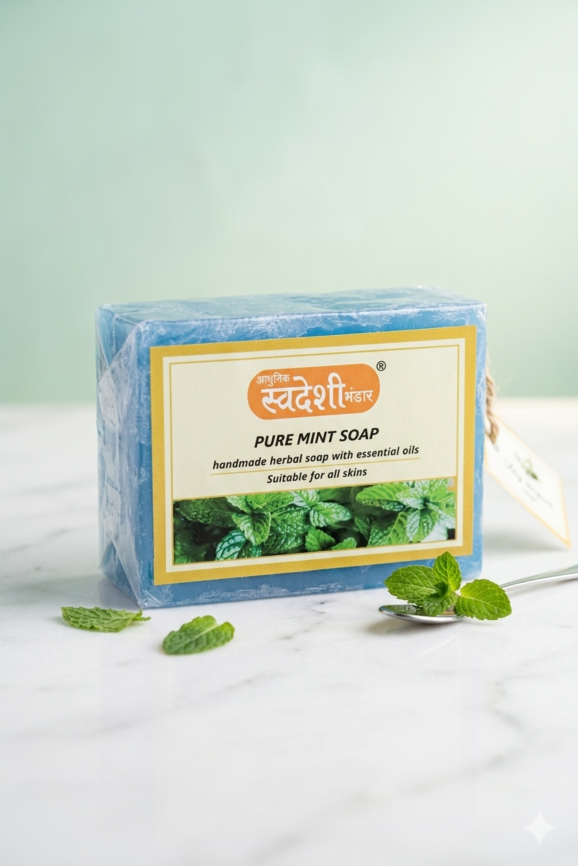 Adhunik Swadeshi Bhandar Pure Mint Soap – Handmade Herbal Bath Bar with Essential Oils (125g)