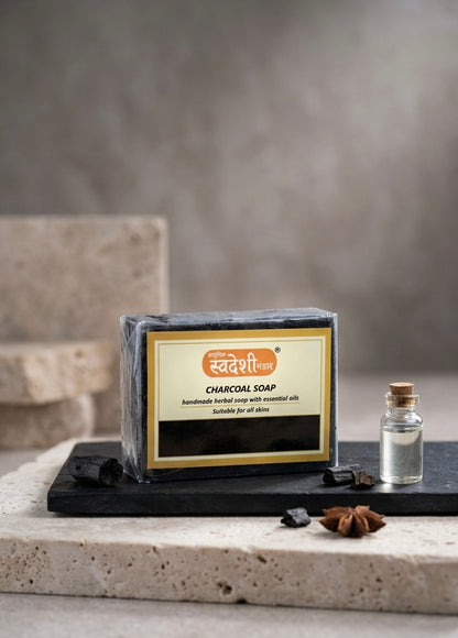 Adhunik Swadeshi Bhandar Charcoal Soap – Handmade Herbal Bath Bar with Essential Oils (125g)