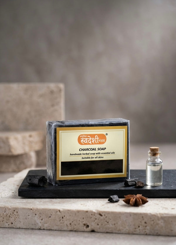 Adhunik Swadeshi Bhandar Charcoal Soap – Handmade Herbal Bath Bar with Essential Oils (125g)