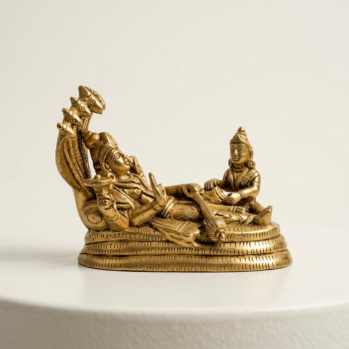 Adhunik Swadeshi Bhandar Brass Vishnu Lakshmi Idol | Sheshnag Vishnu Murti with Goddess Lakshmi | Divine Home Temple Decor