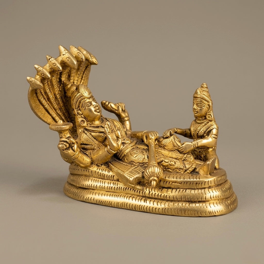 Adhunik Swadeshi Bhandar Brass Vishnu Lakshmi Idol | Sheshnag Vishnu Murti with Goddess Lakshmi | Divine Home Temple Decor