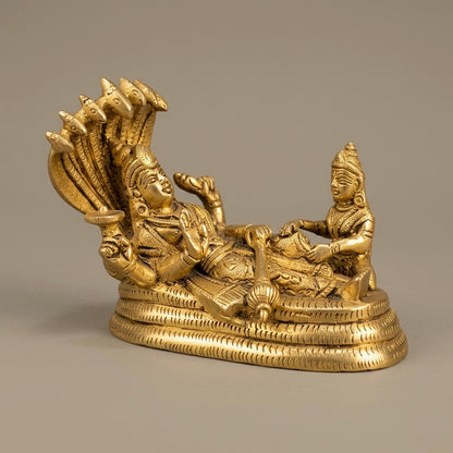 Adhunik Swadeshi Bhandar Brass Vishnu Lakshmi Idol | Sheshnag Vishnu Murti with Goddess Lakshmi | Divine Home Temple Decor