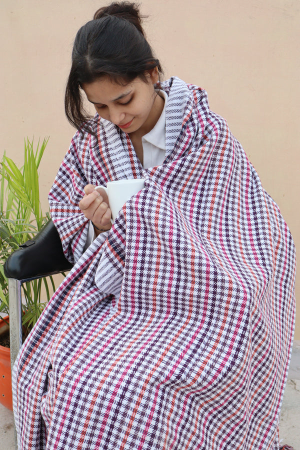 Premium Pink & White Checkered Khadi Cotton Khesh – Handwoven Multi-Color Plaid Heavy Blanket