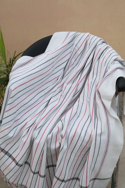 Premium White Striped Khadi Cotton Khesh – Handwoven Multi-Color Heavy Blanket / Throw with Fringes
