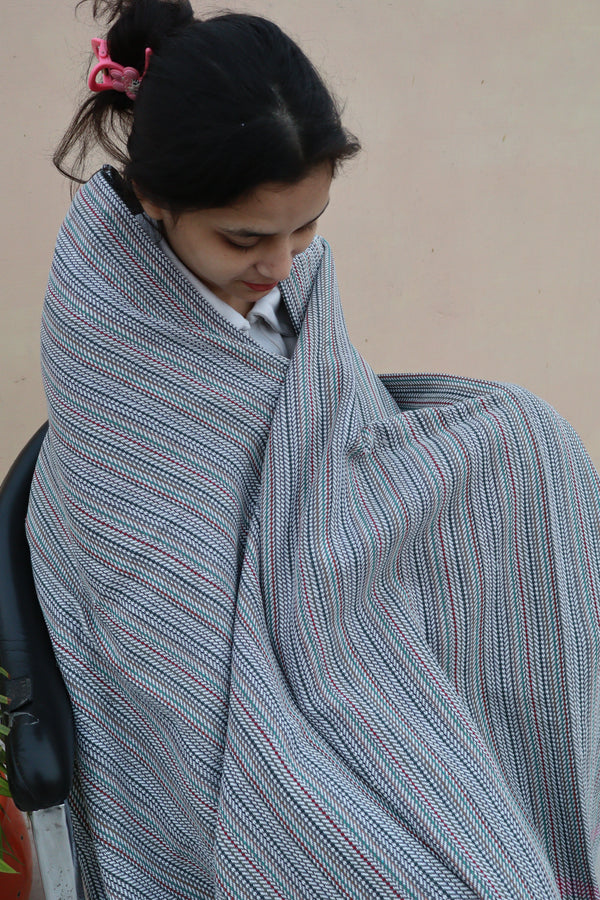 Premium Blue Herringbone Striped Khadi Cotton Khesh – Handwoven Multi-Color Textured Heavy Blanket