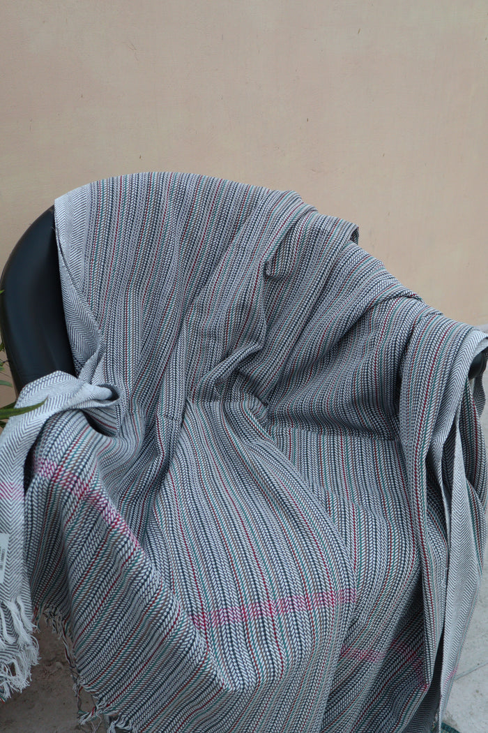 Premium Blue Herringbone Striped Khadi Cotton Khesh – Handwoven Multi-Color Textured Heavy Blanket