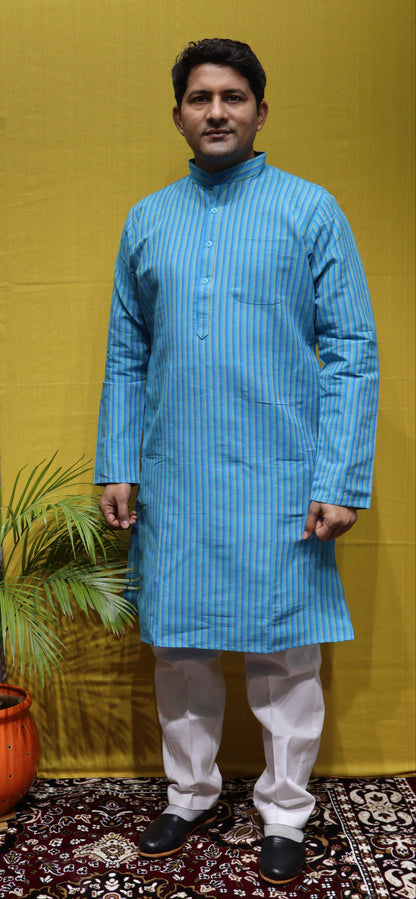 Khadi Cotton Straight Line Kurta – Blue Color Handwoven Mens Wear