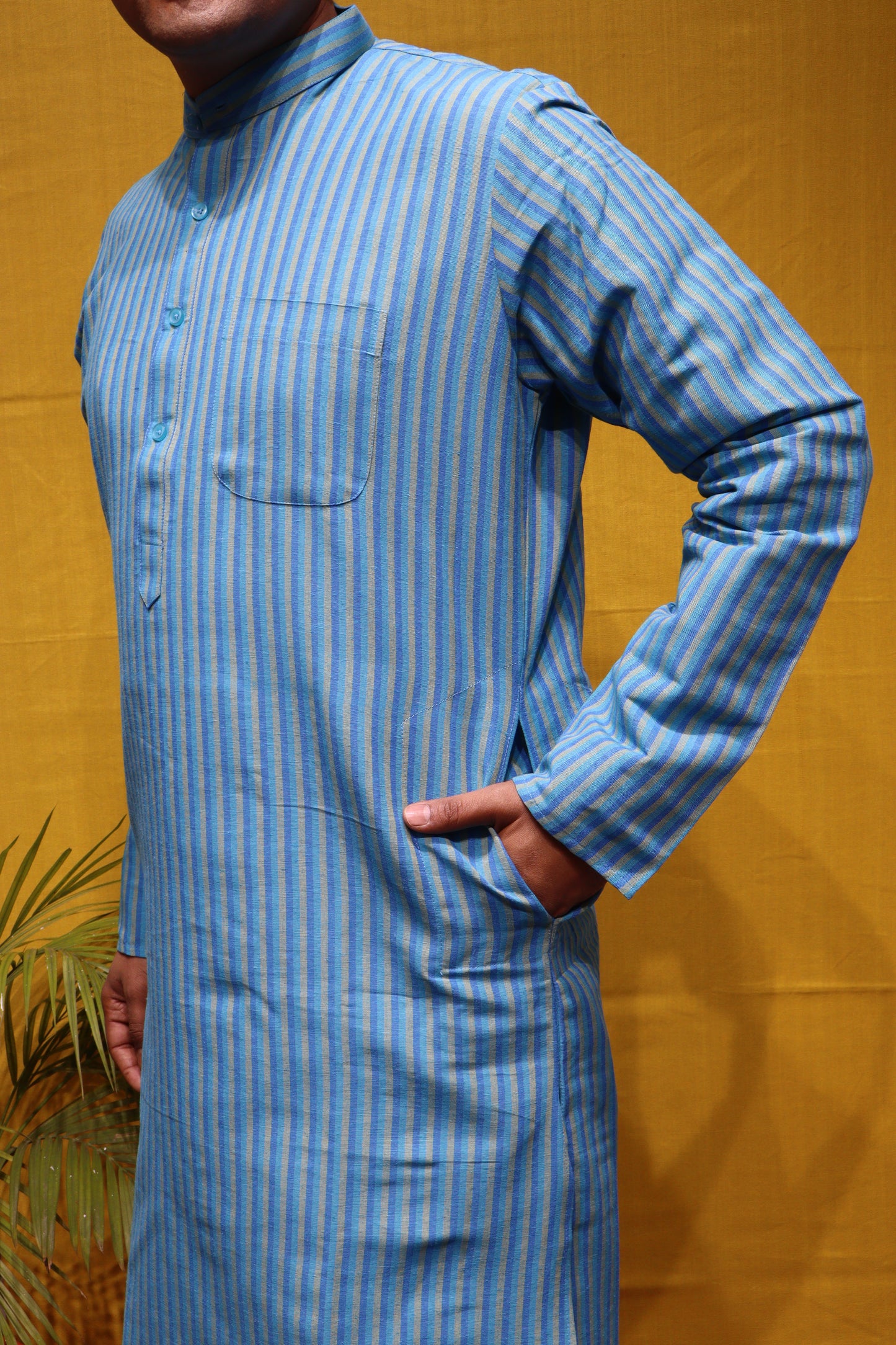 Khadi Cotton Straight Line Kurta – Blue Color Handwoven Mens Wear