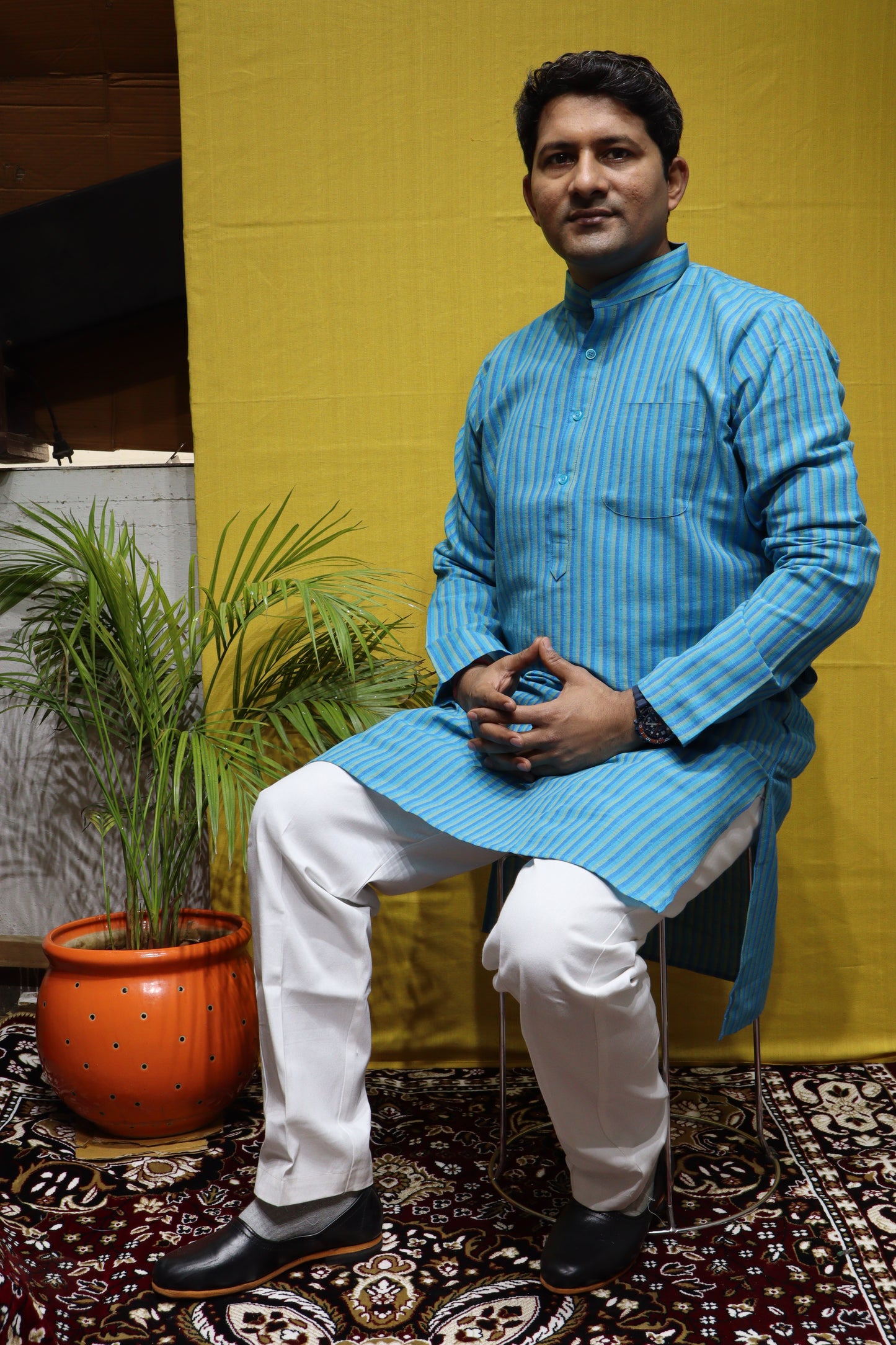 Khadi Cotton Straight Line Kurta – Blue Color Handwoven Mens Wear