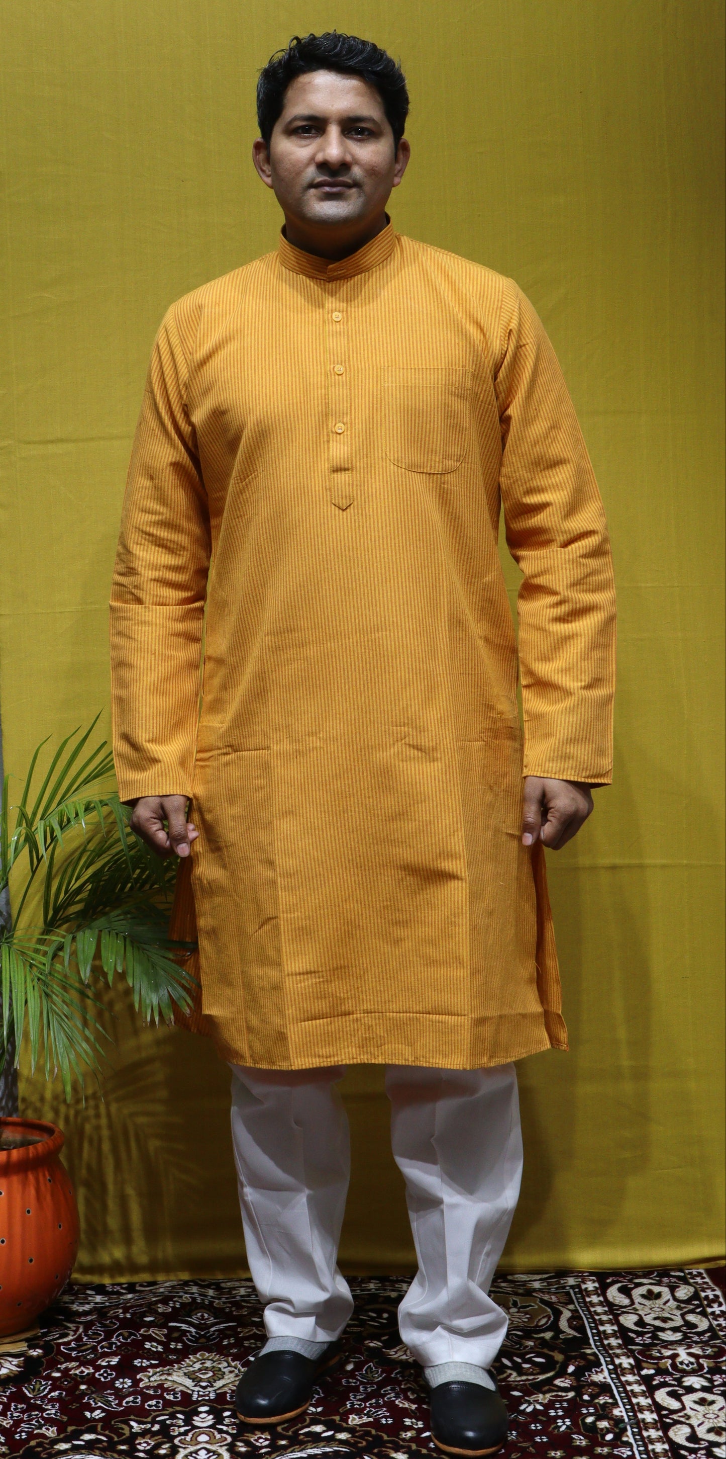 Cotton Striped Men Kurta – Yellow & Red Full Sleeve Traditional Wear