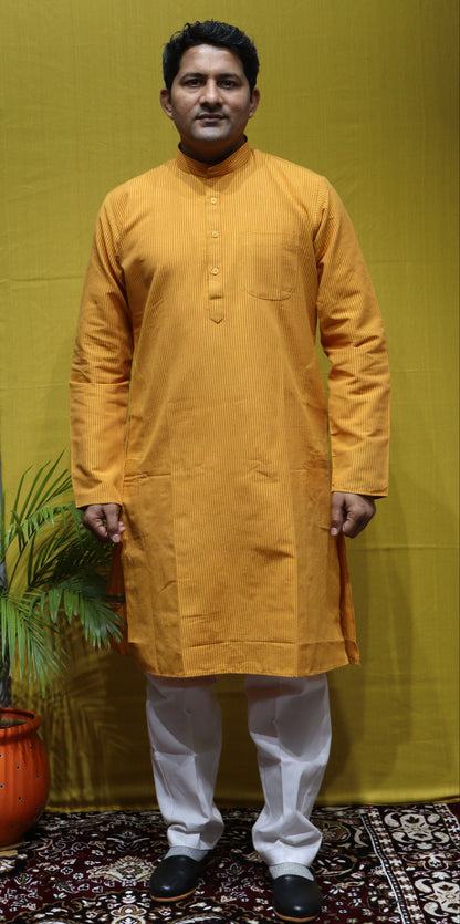 Cotton Striped Men Kurta – Yellow & Red Full Sleeve Traditional Wear