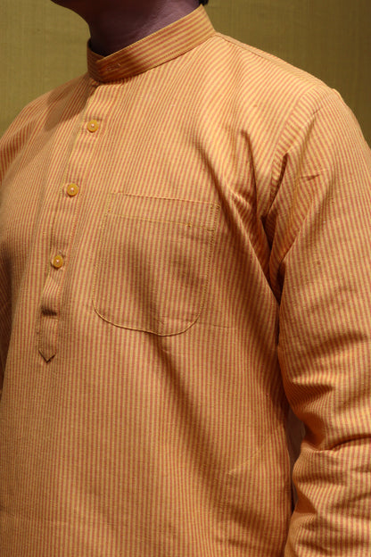 Cotton Striped Men Kurta – Yellow & Red Full Sleeve Traditional Wear