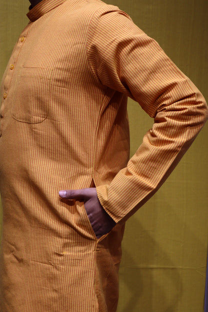 Cotton Striped Men Kurta – Yellow & Red Full Sleeve Traditional Wear