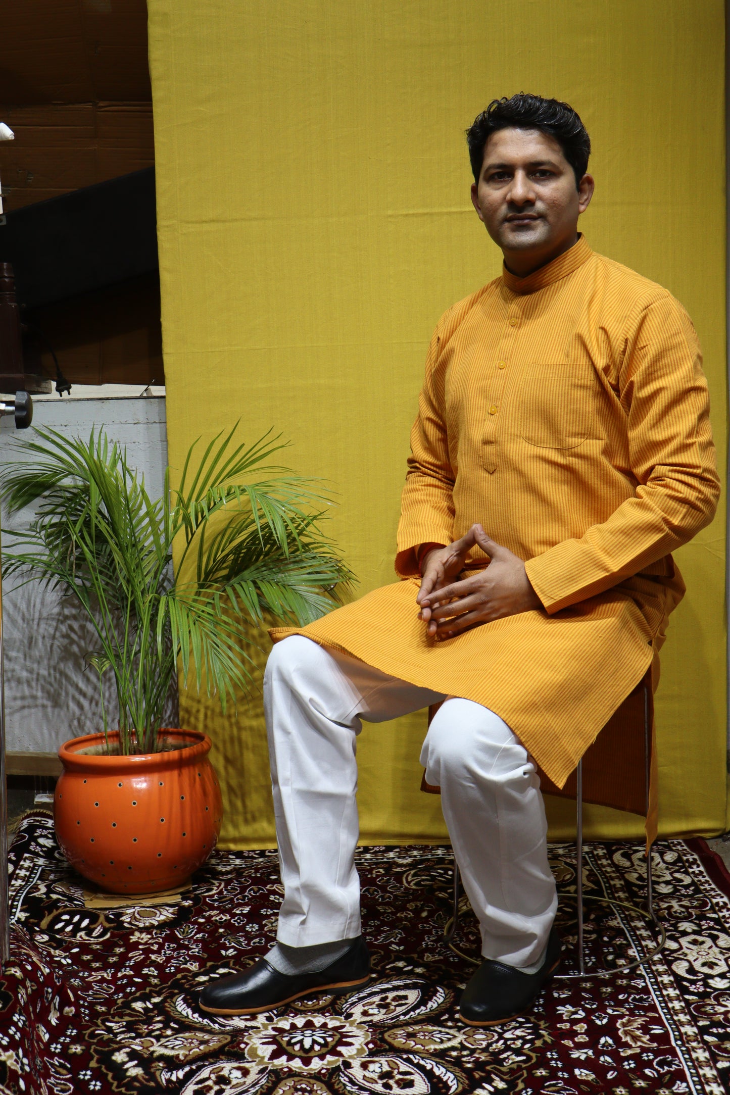 Cotton Striped Men Kurta – Yellow & Red Full Sleeve Traditional Wear