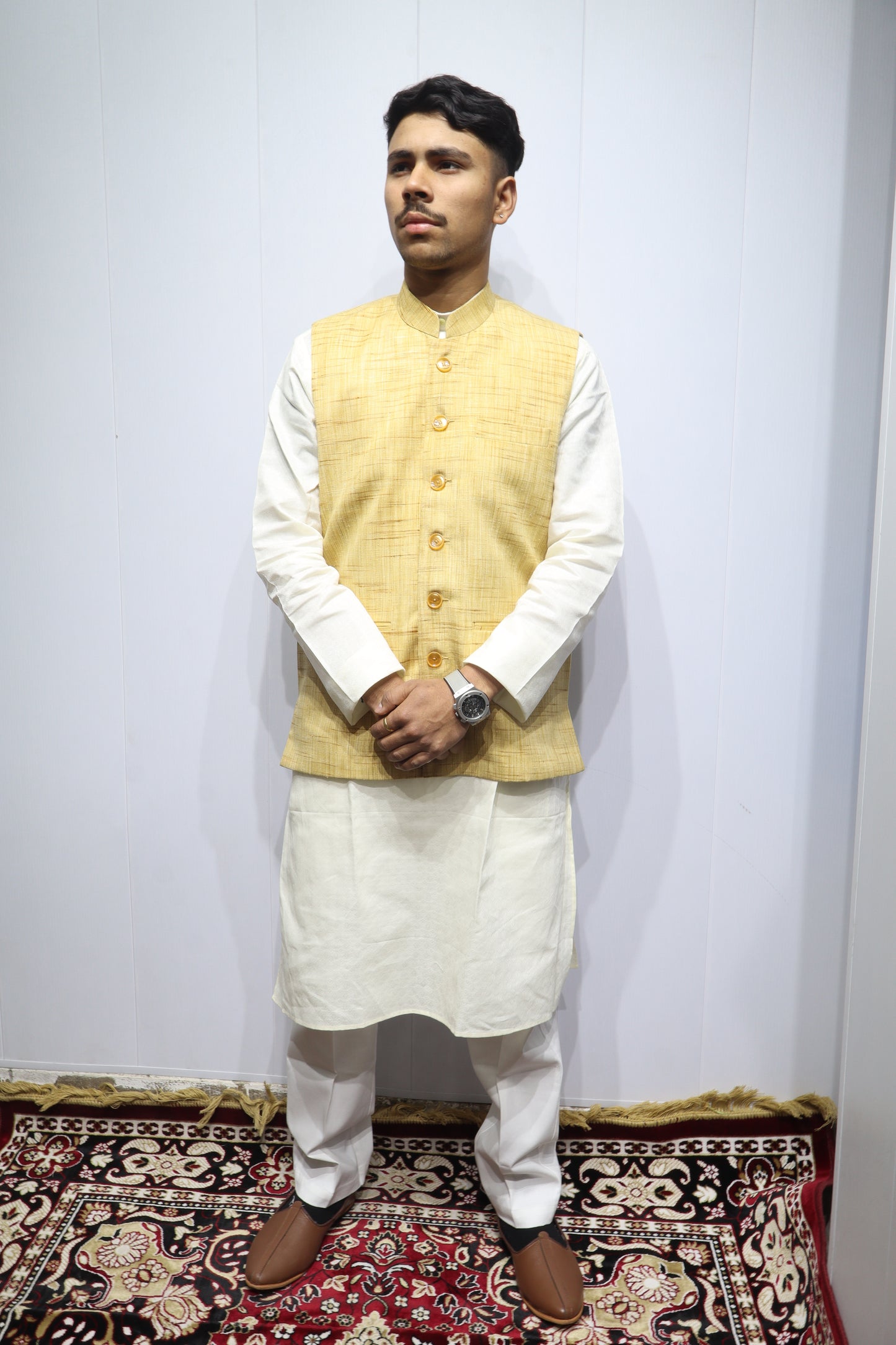 Men’s Mustard Yellow Cotton Nehru Jacket – Elegant Ethnic & Festive Wear