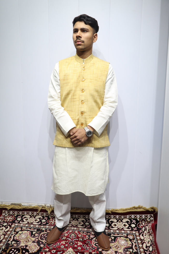 Men’s Mustard Yellow Cotton Nehru Jacket – Elegant Ethnic & Festive Wear