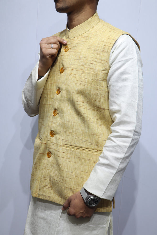Men’s Mustard Yellow Cotton Nehru Jacket – Elegant Ethnic & Festive Wear