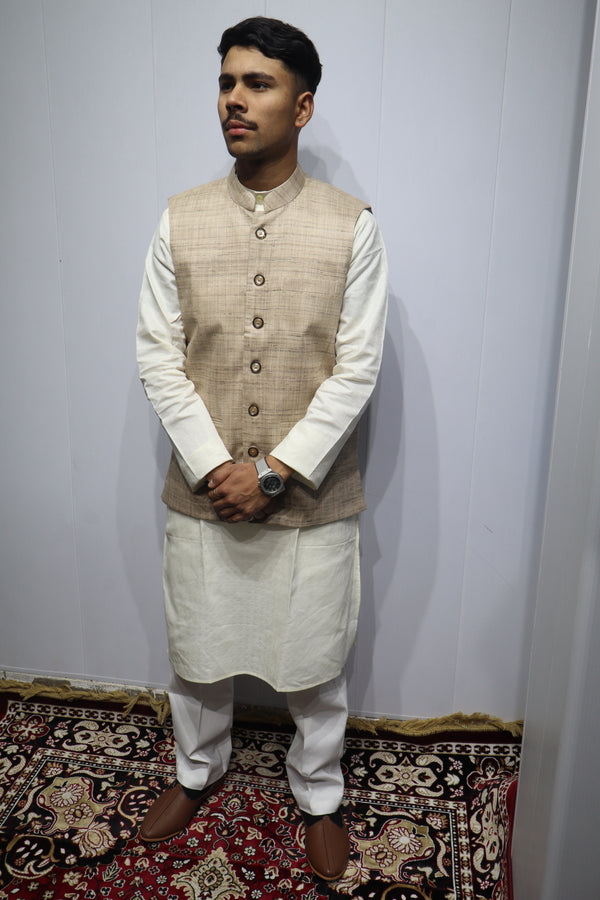 Men’s Beige Silk Nehru Jacket – Classic Ethnic Elegance for Festive Wear