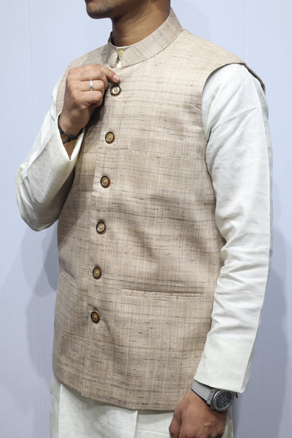 Men’s Beige Silk Nehru Jacket – Classic Ethnic Elegance for Festive Wear