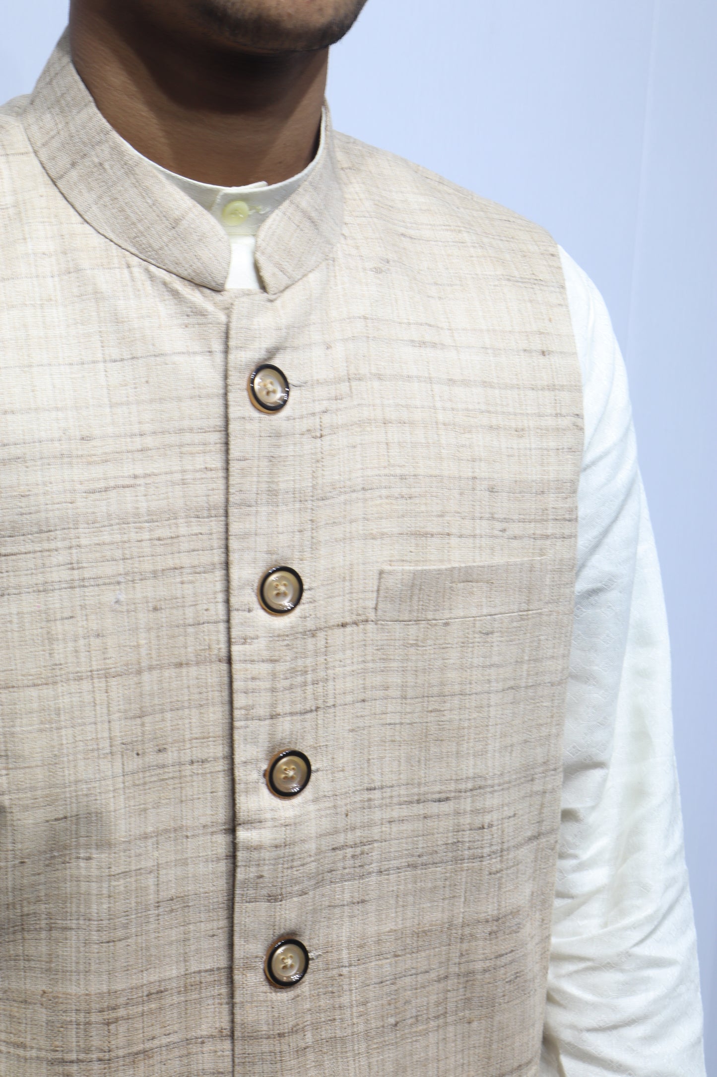 Men’s Beige Silk Nehru Jacket – Classic Ethnic Elegance for Festive Wear