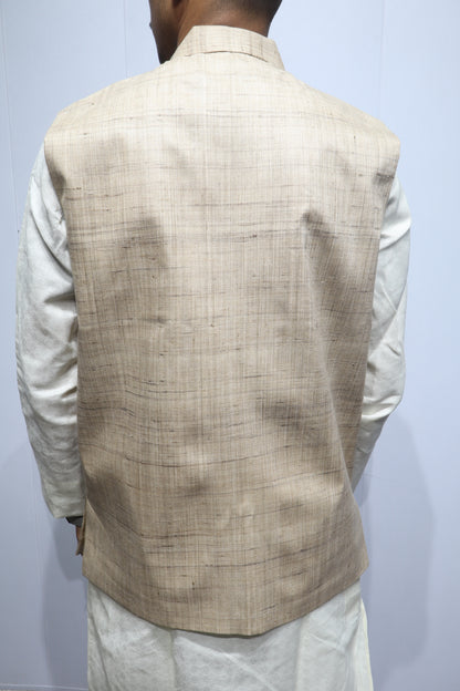 Men’s Beige Silk Nehru Jacket – Classic Ethnic Elegance for Festive Wear