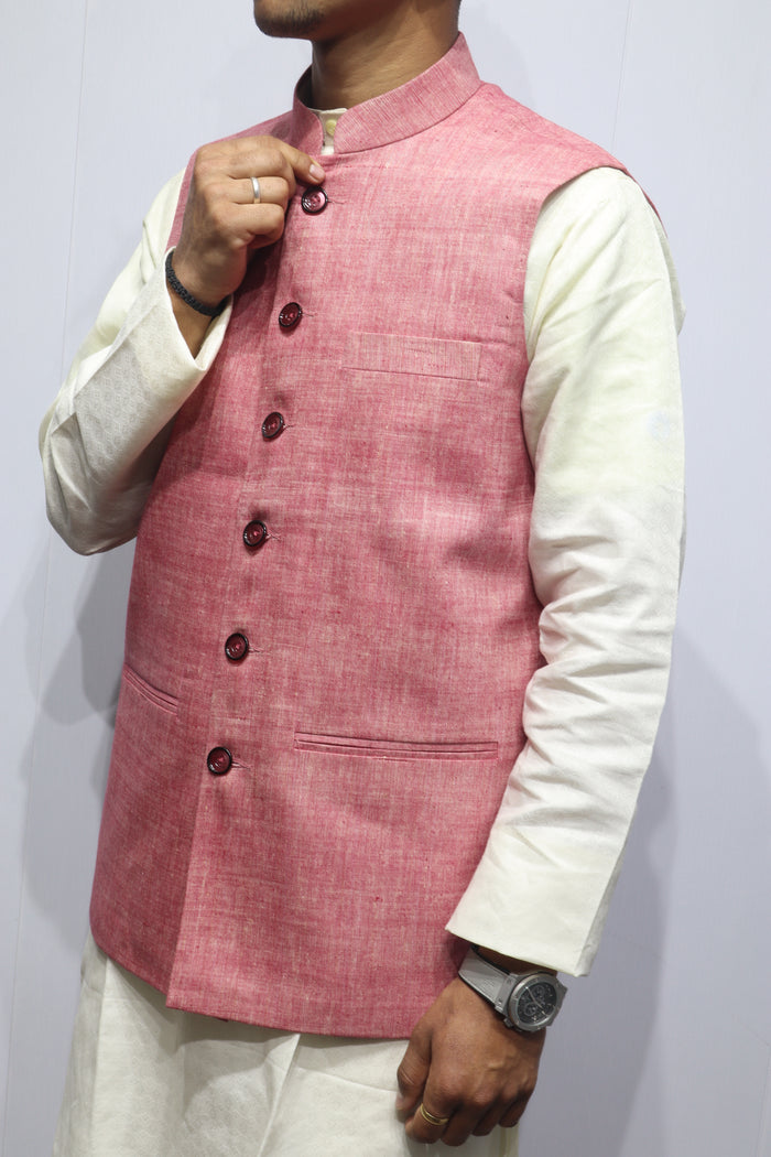 Men’s Rose Pink Silk Nehru Jacket – Elegant Festive & Wedding Ethnic Wear