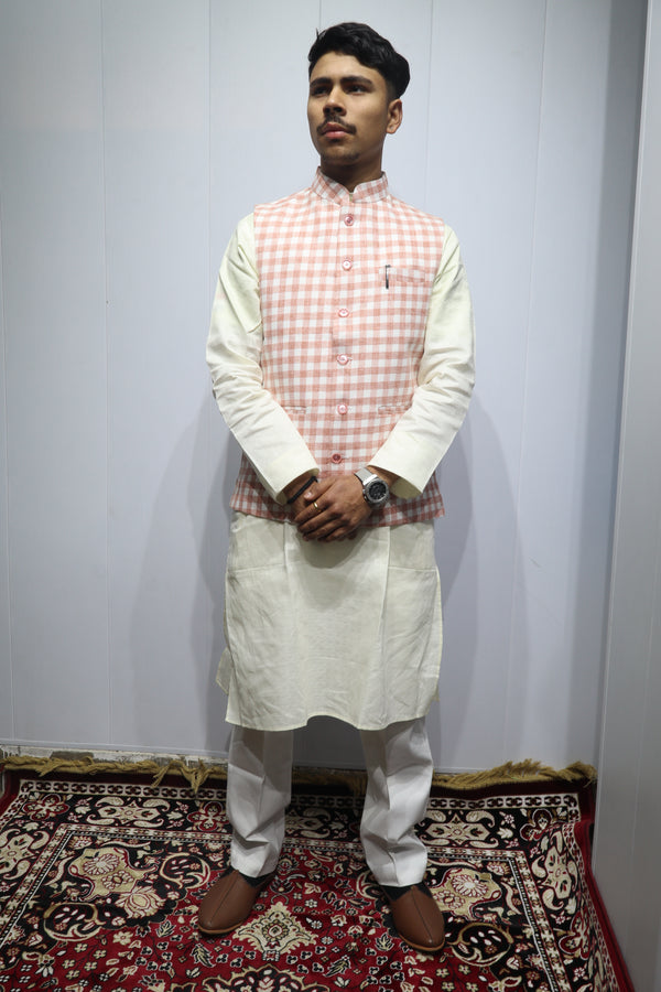 Men’s Peach Checkered Cotton Nehru Jacket – Stylish Ethnic & Festive Wear