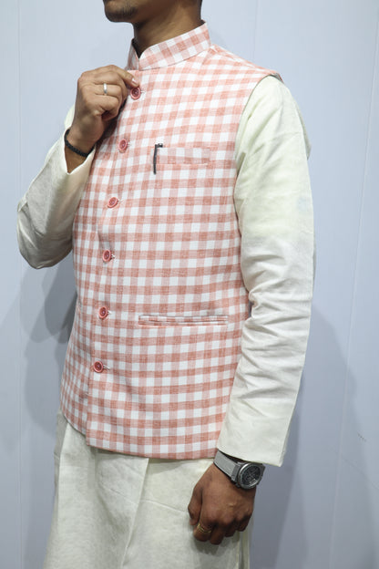 Men’s Peach Checkered Cotton Nehru Jacket – Stylish Ethnic & Festive Wear