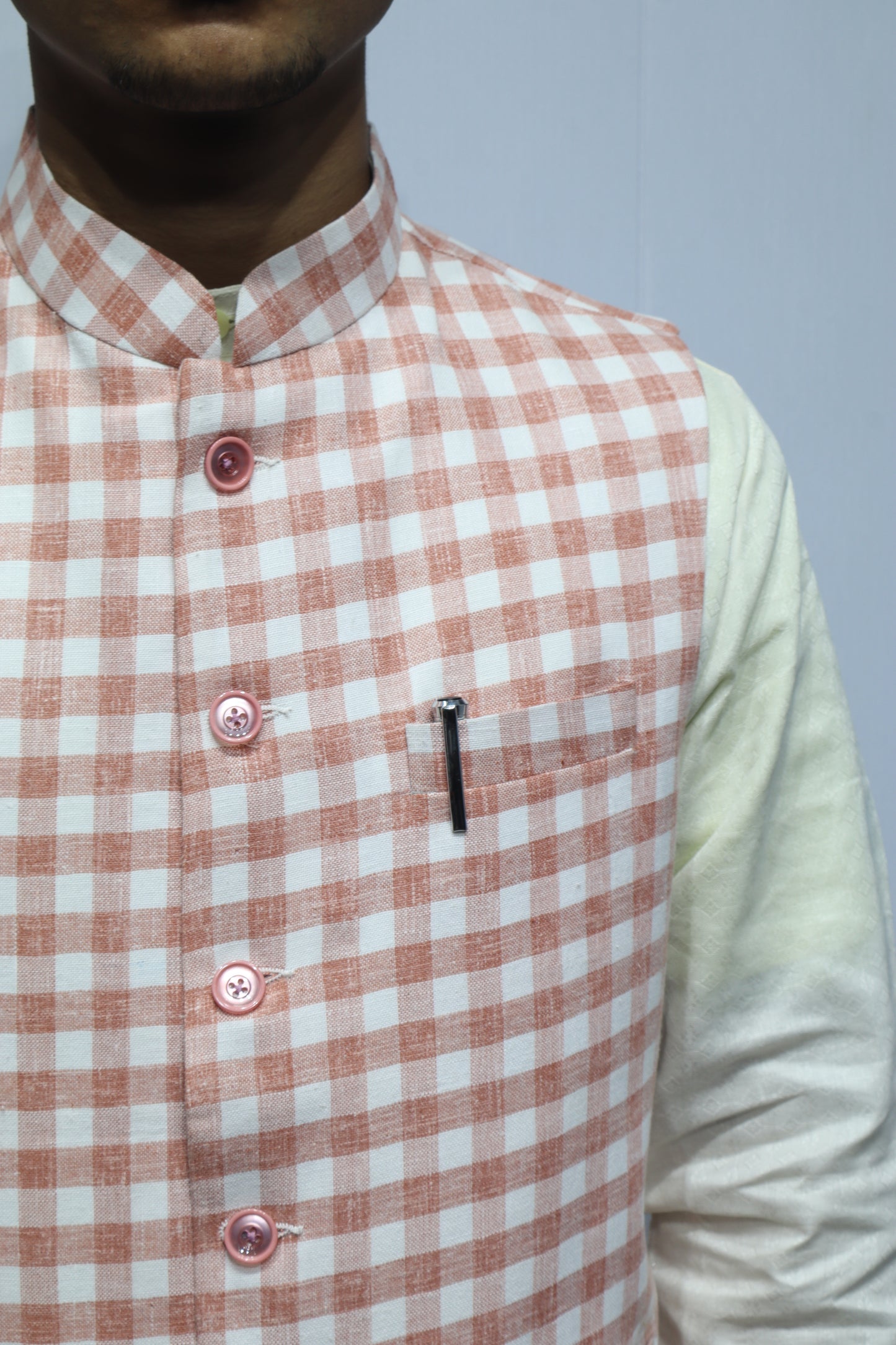 Men’s Peach Checkered Cotton Nehru Jacket – Stylish Ethnic & Festive Wear