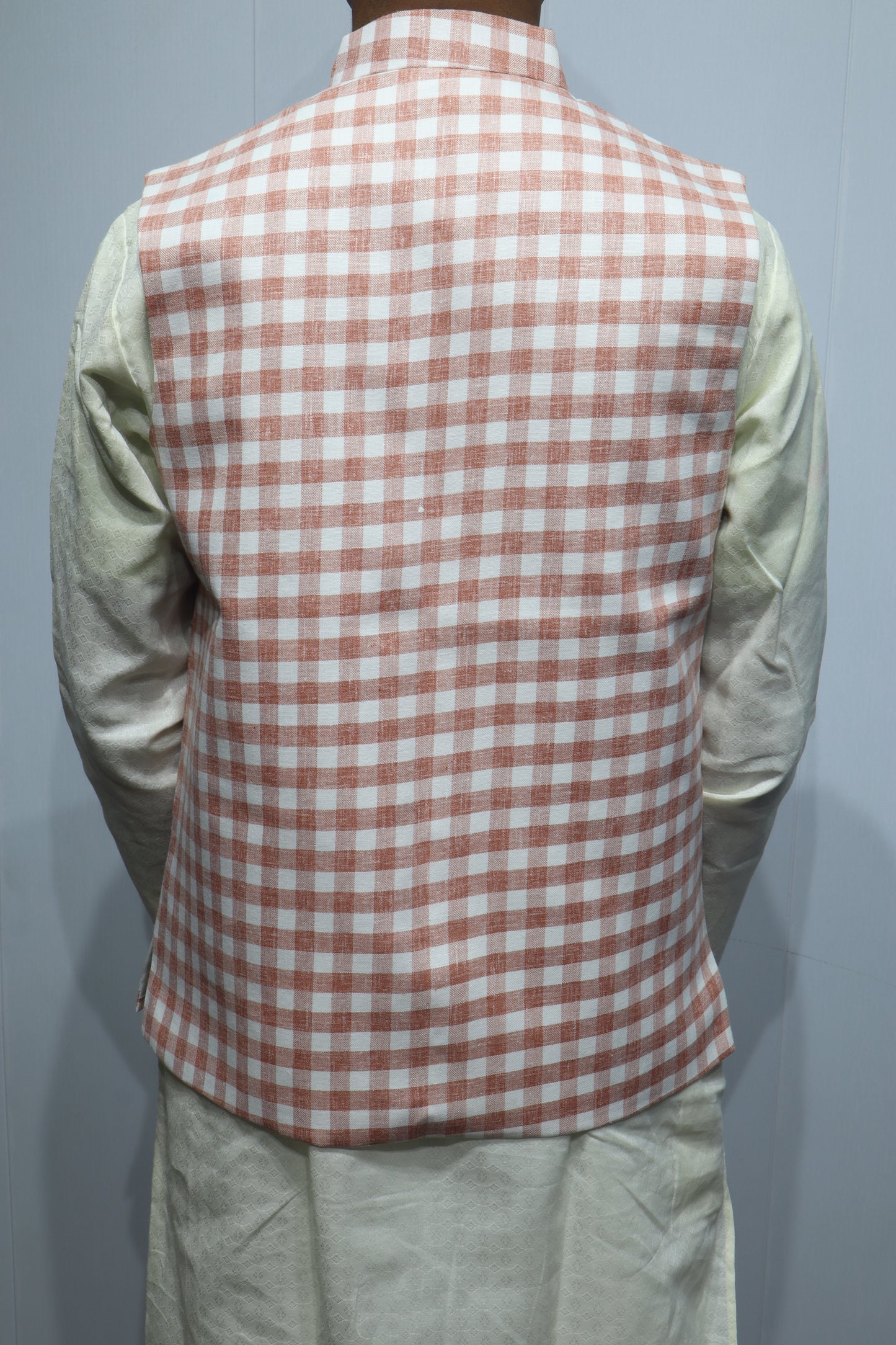 Men’s Peach Checkered Cotton Nehru Jacket – Stylish Ethnic & Festive Wear
