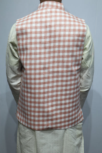 Men’s Peach Checkered Cotton Nehru Jacket – Stylish Ethnic & Festive Wear