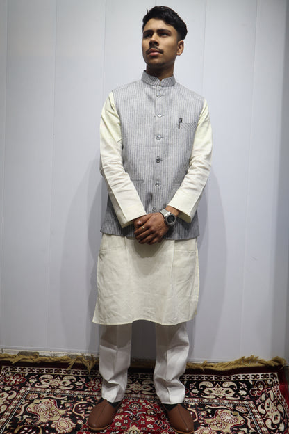 Men’s Grey Striped Cotton Nehru Jacket – Classic Ethnic & Formal Wear