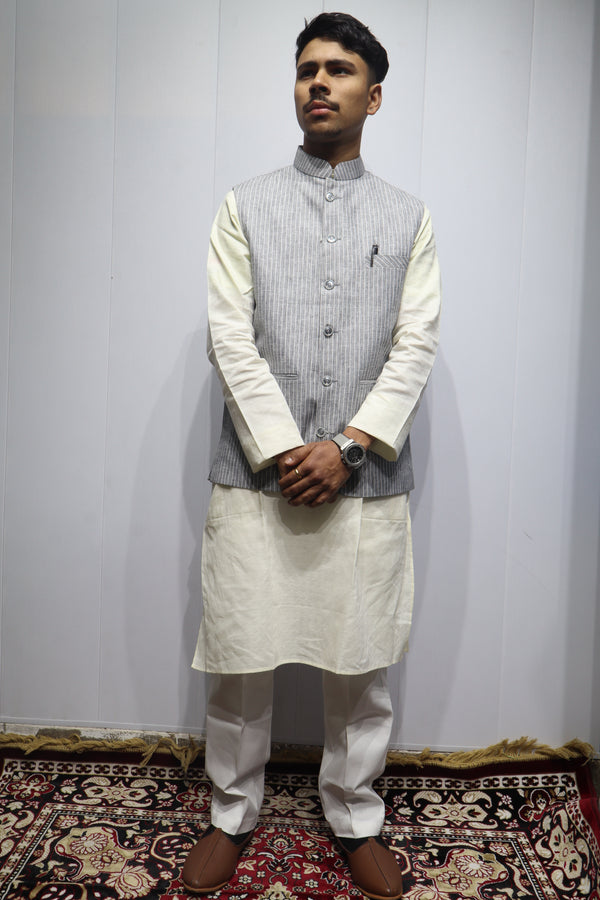 Men’s Grey Striped Cotton Nehru Jacket – Classic Ethnic & Formal Wear