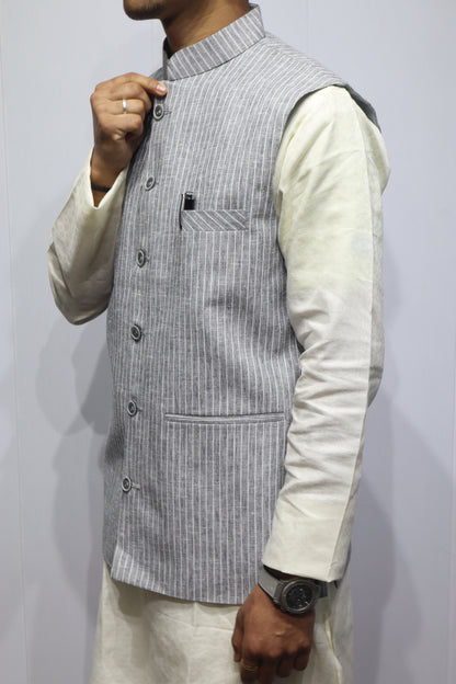 Men’s Grey Striped Cotton Nehru Jacket – Classic Ethnic & Formal Wear