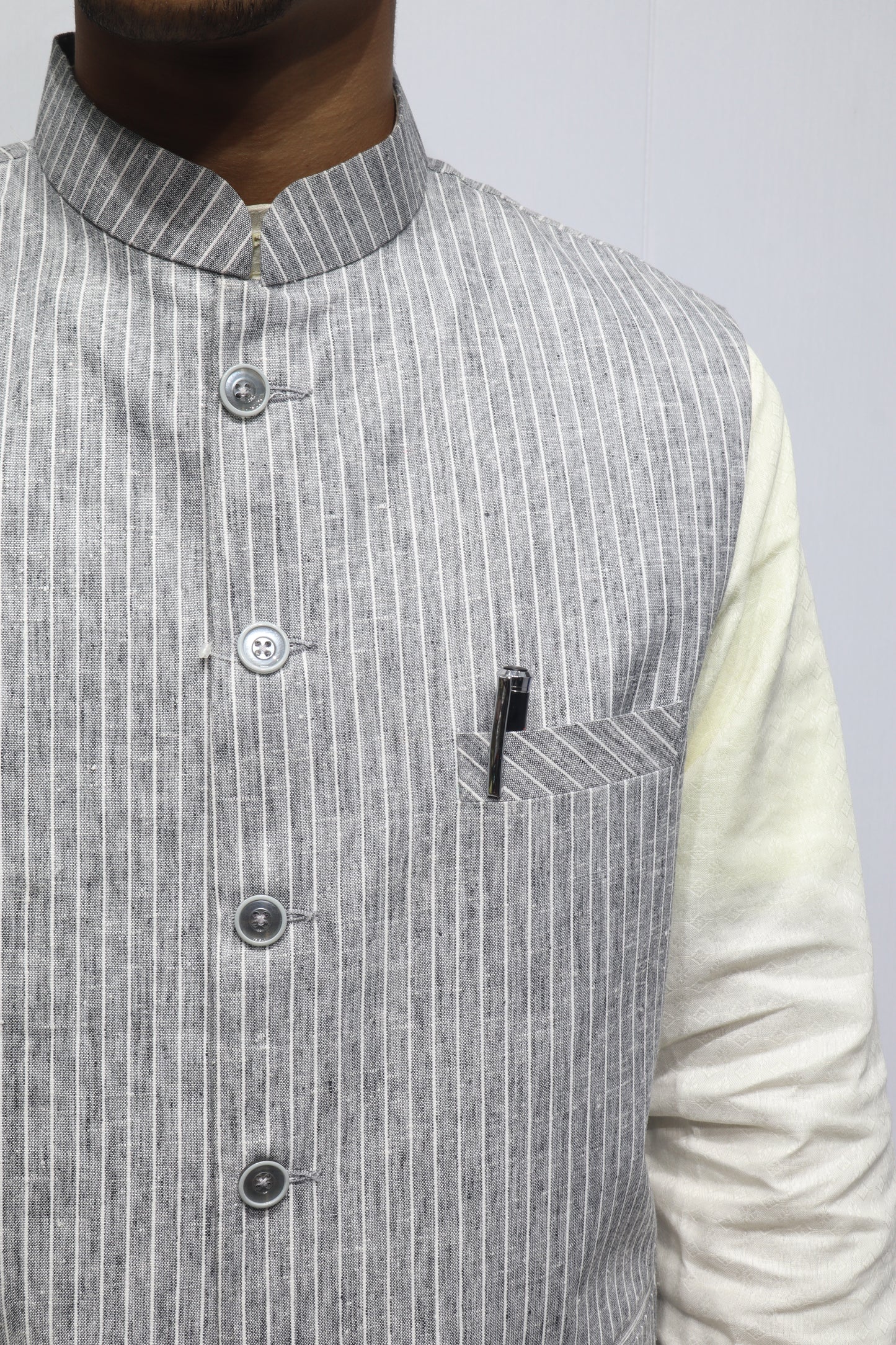 Men’s Grey Striped Cotton Nehru Jacket – Classic Ethnic & Formal Wear