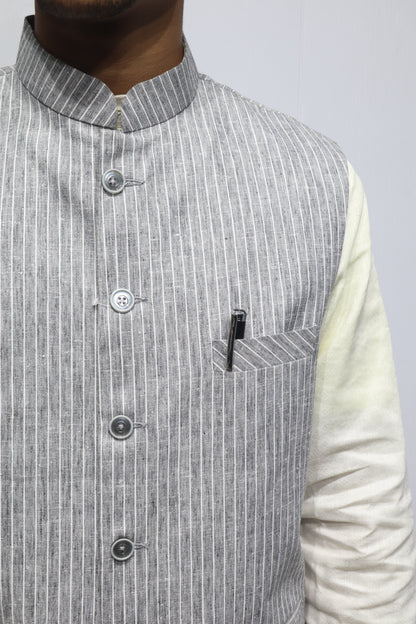 Men’s Grey Striped Cotton Nehru Jacket – Classic Ethnic & Formal Wear