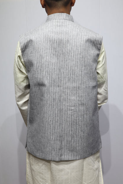 Men’s Grey Striped Cotton Nehru Jacket – Classic Ethnic & Formal Wear