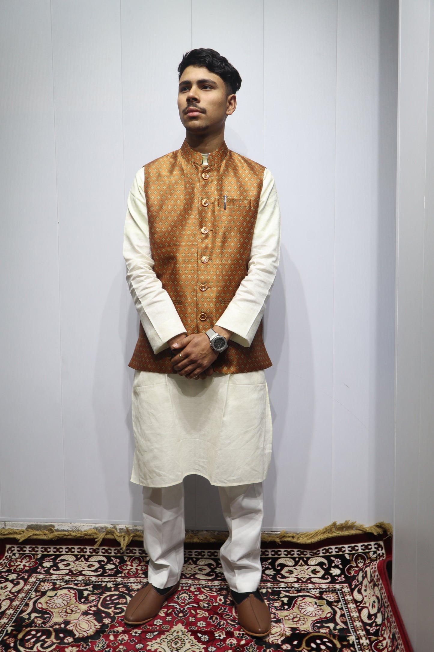 Men’s Brown Printed Linen Nehru Jacket – Premium Ethnic & Festive Wear