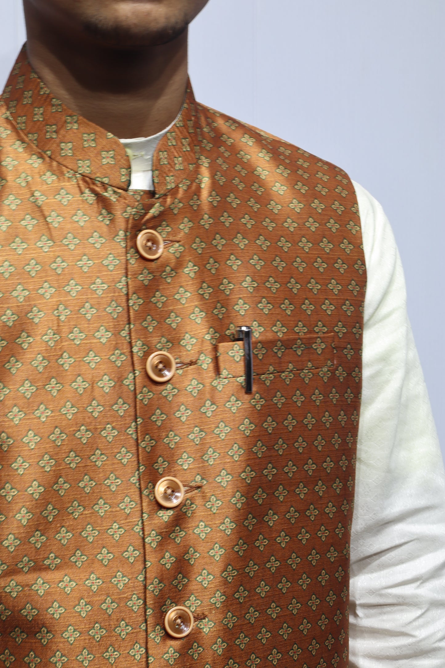 Men’s Brown Printed Linen Nehru Jacket – Premium Ethnic & Festive Wear
