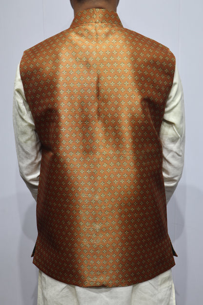 Men’s Brown Printed Linen Nehru Jacket – Premium Ethnic & Festive Wear