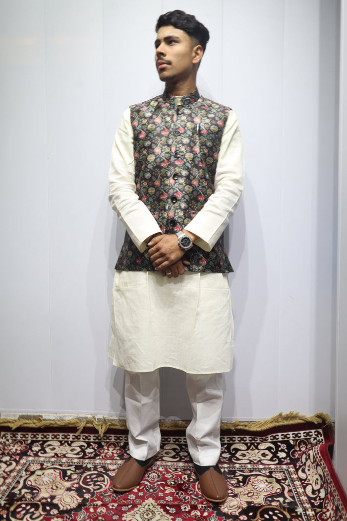 Men’s Black Floral Printed Linen Nehru Jacket – Elegant Ethnic & Festive Wear
