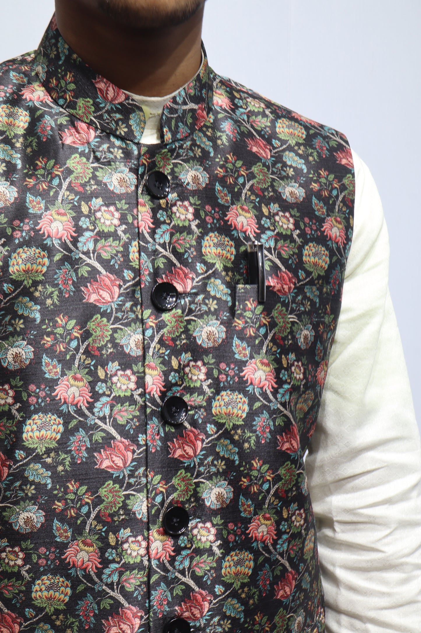 Men’s Black Floral Printed Linen Nehru Jacket – Elegant Ethnic & Festive Wear