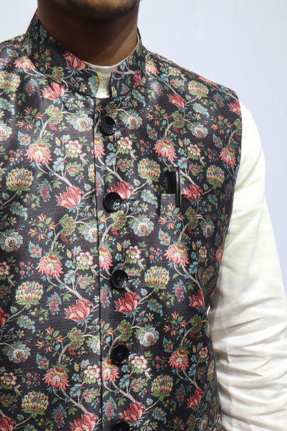Men’s Black Floral Printed Linen Nehru Jacket – Elegant Ethnic & Festive Wear
