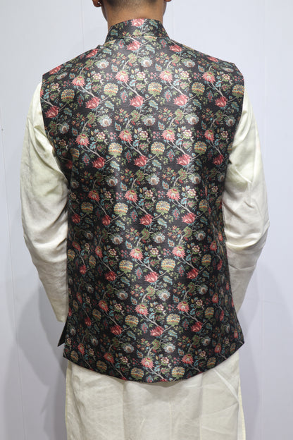 Men’s Black Floral Printed Linen Nehru Jacket – Elegant Ethnic & Festive Wear