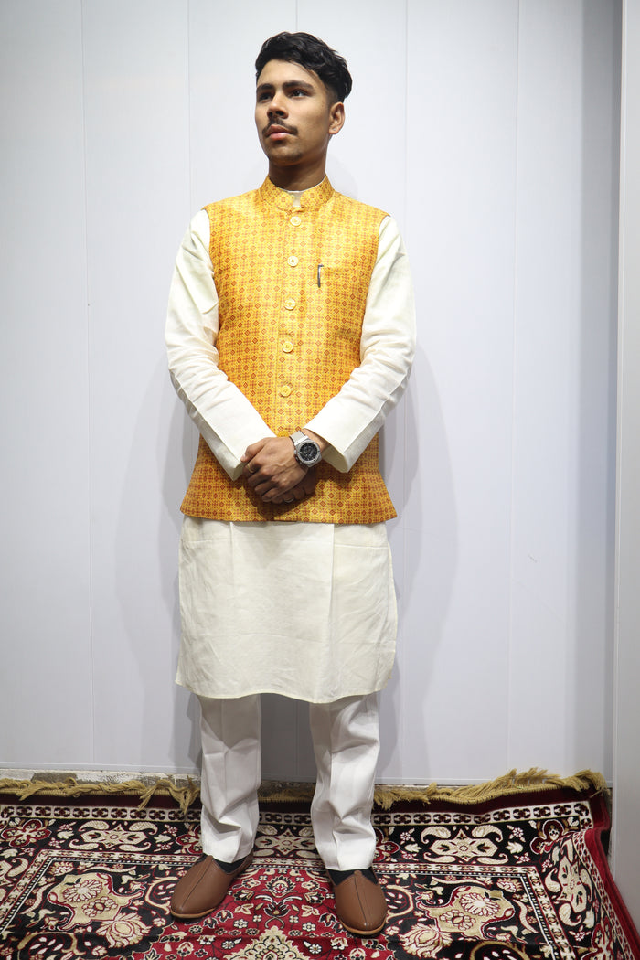 Men’s Yellow Printed Linen Nehru Jacket – Bright Festive Ethnic Wear
