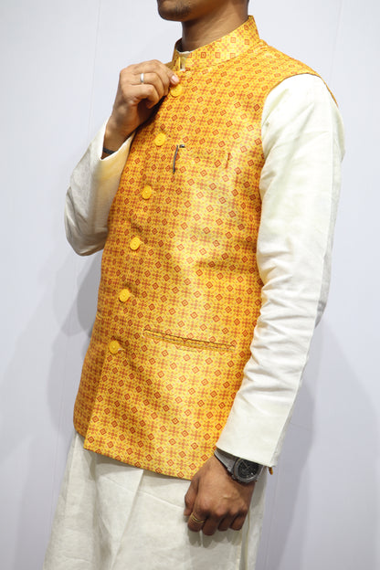 Men’s Yellow Printed Linen Nehru Jacket – Bright Festive Ethnic Wear