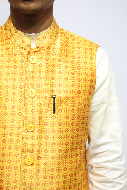 Men’s Yellow Printed Linen Nehru Jacket – Bright Festive Ethnic Wear